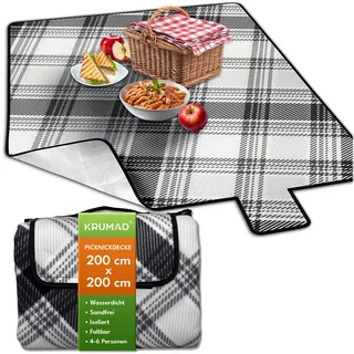 KRUMAD Picknickdecke Wasserdicht, XXL 200x200 cm, Outdoor Decke Gepolstert, Sandfrei, Camping Decke für Strand, Garten & Park, Faltbar mit Tragegriff, Leicht & Bequem (Grau-Schwarz)