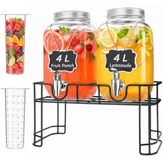 Lifewit 2 x 4L Getränkespender aus Glas mit Zapfhahn und Ständer, Drink Dispenser für Bier Limonade Saft Tee Wasser Getränke, Beverage Dispenser with Tap für Partys Buffet Events, 39 x 16 cm/15x6"