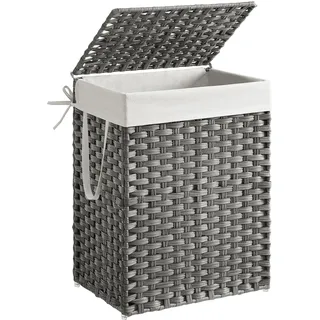 Songmics Wäschekorb, Wäschesammler 90 L, Wäschebox aus synthetischem Rattan, mit Deckel und Griffen, geflochten, faltbar, herausnehmbarer Wäschesack, taubengrau LCB51WG
