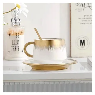 Goldene Kaffeetasse mit Untertasse 250ml Espressotasse Cappuccino Tasse mit Kuchenteller Porzellantasse Geschenk für Valentinstag, Muttertag, Geburtstag und Weihnachten (Weiß)
