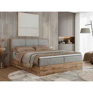 Boxspringbett, Doppelbett mit bettkasten und Multipocket-Matratze, Polsterbett mit Kopfteil, Eiche Holzrahmen - Albero-2 - 160x200cm - Hellgrau Struktur - H3 - Grau