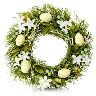 COM-FOUR® Osterkranz mit Blumen aus Holz und Eiern, dekorativer Tischkranz | Türkranz mit Aufhänger - stylische Osterdekoration