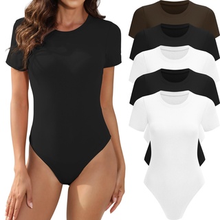 MLYENX 5er-Pack Kurzarm-Body für Damen, Rundhalsausschnitt, lässig, dehnbar, Basic-T-Shirt, Bodysuit, Tops, 5er-Pack: schwarz, schwarz, weiß, weiß, kaffeefarben, S