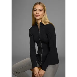 Strickjacke AJC, Damen, Gr. 32/34 (XS), schwarz, Rippstrick, Obermaterial: 70% Baumwolle, 30% Polyamid, unifarben, Basic, figurbetont hüftlang, hoch geschlossener Ausschnitt, eng Rippbündchen, Strickjacken Strickjacke, in Rippstrick, mit Stehkragen und Zipper, Topseller
