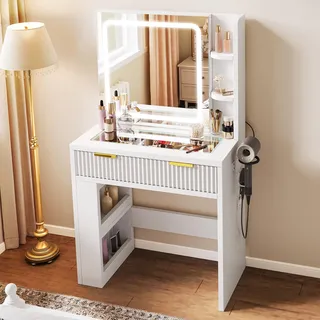 YITAHOME Klein Schminktisch mit Verstellbarer LED-Beleuchtung und Steckdosen, Frisiertisch für das Schlafzimmer, Make-up-Tisch mit transparenter Glasplatte, weiß, 80 x 40 x 140 cm