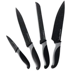 GOURMETmaxx Messer-Set 4 tlg. | Stylische Küchenmesser mit gummierten Griffen | Kochmesser mit Antihaftbeschichtung für eine leichte Reinigung | Inkl. Brot-, Schäl- & Tranchiermesser [Schwarz/grau]