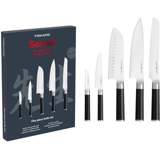 Fiskars Messer-Set, Sensei, 5-teilig, Kochmesser, Brotmesser, Santoku-Messer, Gemüsemesser, Schälmesser, Rostfreier Stahl mit hohem Kohlenstoffgehalt/Kunststoff, 1025845, Schwarz