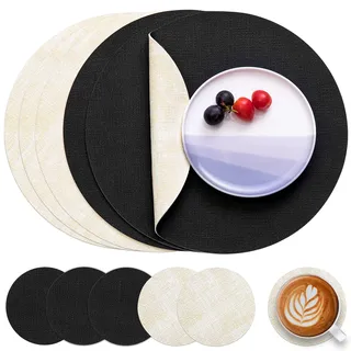 Myir JUN Tischsets Abwaschbar Leder und Untersetzer, Doppelseitigen Platzset Rund Ø 36cm 6er Set rutschfest Glasuntersetzer Platzdeckchen Leder Kunstleder Tischset (Cremeweiß Schwarz, 6er Set)