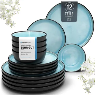 Steingut Geschirrset 4 Personen Ibiza 12 tlg. TESTSIEGER, Traumhaftes Mediterranes Steingut Geschirr Set, Schüssel- und Teller Set, Tafelservice 4 Personen, Geschirrsets Pure Living in Aquamarin