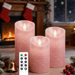 AiiBowy Led Kerzen [3er Set] Flammenlose Kerze Echtwachs Flackernde Dimmbar mit Fernbedienung Weihnachtskerzen LED Flammen 4"/5"/6” Tischdeko, Wohnzimmer, Weihnachten, Hochzeit, Party (Rosa)
