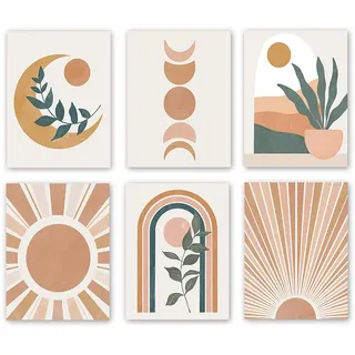 XUOIAYNB Abstrakte Boho-Wandkunstdrucke, minimalistisch, geometrische Sonne, Leinwand, Wandkunst (20,3 x 25,4 x 6 Stück, ungerahmt), moderner Kunstdruck für Schlafzimmerdekoration