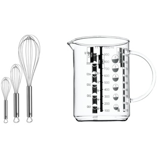 WMF Profi Plus Schneebesen Set 3-teilig, Cromargan Edelstahl teilmattiert & Gourmet Glas Messbecher 1l, hitzebeständiges Glas, Skalierung für Liter, Milliliter, Tassen und Gramm