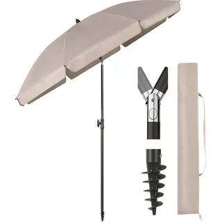 Sekey Sonnenschirm Rund Ø180cm Gartenschirm UV Schutz 50+ Strandschirm mit erdspieß & Schutzhülle, Neigungswinkel und Höhe verstellbar - Taupe