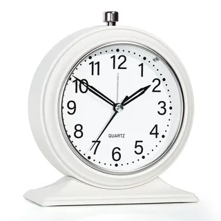 AYRELY® 4-Zoll Kleiner Wecker – Retro Wecker analog ohne Ticken mit Licht, lautloser Metall-Tischuhr für Schlafzimmer, Regal oder Nachttisch (Weiß)
