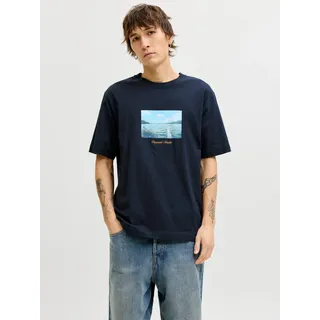 T-Shirt JACK & JONES "JORNORREBRO PHOTO TEE SS CREW NECK", Herren, Gr. S, sky captain, Jersey, Obermaterial: 100% Baumwolle, bedruckt, relaxed fit normal, Rundhals, Shirts T-Shirt, Baumwolle, relaxed fit