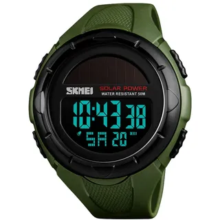 SKMEI Herren Solar-Digital-Sportuhr, 50 m wasserdicht, Militär-Outdoor-Uhren, schwarzes großes Zifferblatt mit Stoppuhr, Wecker, stoßfeste LED 1.8*2*0.59 inch armee-grün