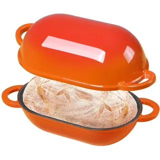 NSIRONS Oval Gusseisen Brotbackform mit Deckel,28 cm,Orange | 5,5 L,Emaille Gusseisen Topf Brot Backen,Bräter mit Deckel,Idealer Brottopf,Brotbacktopf, Backofengeeignet