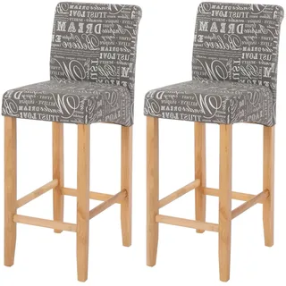 Mendler 2er-Set Barhocker HWC-C33, Barstuhl Tresenhocker, Holz Schriftzug, grau, helle Beine, Stoff/Textil
