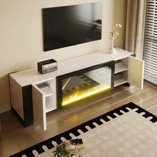 MODFU Lowboard TV-Schrank, TV-Möbel Fernsehschrank TV-Sideboard mit elektrischem Kamin Flammeneffekt, keine Heizfunktion, Hochglanz weiß+schwarz - Weiß, Schwarz