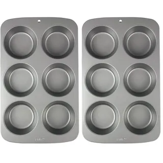 PME Große antihaftbeschichtete Muffinform mit 6 Löchern aus Karbonstahl, Silver (Packung mit 2)