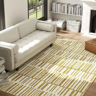 HOMCOM Teppich für Wohnzimmer, 200 x 140 cm, Kurzflor, maschinenwaschbar, hypoallergen, für Wohnzimmer, Schlafzimmer, Büro, Gelb