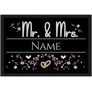 Print Royal Personalisierte Fußmatte mit Namen - Mr und Mrs mit Blumen und Ringe - Geschenke zum Einzug | rutschfest, 60x40cm mit Gummirand