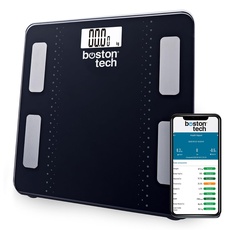 Digitale Personenwaage, intelligente elektronische Waage mit Bluetooth und App kompatibel mit Android & IOS, Körperanalyse, 13 kostenlose Diät-Gewichtsmessungen zum Abnehmen. Max. 180 kg. Schwarz