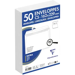 Clairefontaine 2542C - Packung mit 50 Umschlägen weiß C5-162x229mm, vertraulich, selbstklebend, 90g, 1 Pack