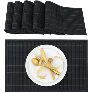 Relaxdays Tischset 6 teilig, Platzdeckchen, Bambus, rutschhemmende Unterseite, 30 x 45 cm, 6er Platzset, 6 Tischmatten, abwischbar, schwarz