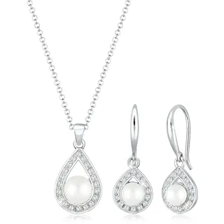 ELLI PREMIUM Schmuckset Damen Tropfen Anhänger glamourös elegant mit Süßwasserperlen und Zirkonia Kristallen in 925 Sterling Silber
