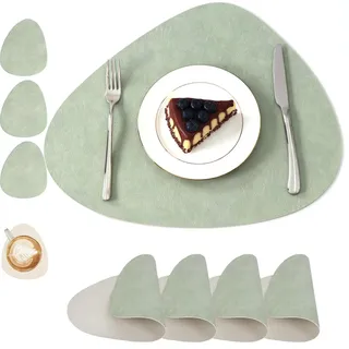Duscdesp 4er Set Platzsets Abwaschbar,Tischset Oval Platzset Leder mit Untersetzer Teller Doppelseitigen rutschfest Platzdeckchen Tischsets für Tischdeko Küchenzubehör (Avocadogrün + Elfenbeinweiß)
