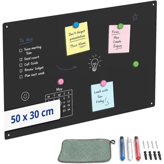 Relaxdays Magnettafel, Kreidetafel beschreibbar, schwarz | Magnetwand inkl. 3 Stifte, 50x30, Memoboard Büro, Küche, Stahl