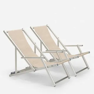 2er Set Strandliegen Liegestühle Sonnenliegen mit Armlehnen aus Aluminium Riccione Gold Lux - Beige - Beige