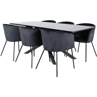 VCM PiazzaBLBL Essgruppe Esstisch schwarz und 6 Berit Esszimmerstühle Velour schwarz. - Schwarz