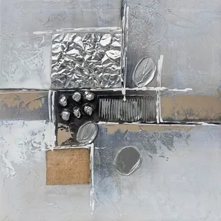 Monee Ölgemälde , Grau, Schwarz, Silberfarben, Weiß , Holz, Metall, Textil, Stein , Tanne , massiv , quadratisch , 55x55 cm , Keilrahmen , Bilder & Rahmen, Bilder, Ölbilder