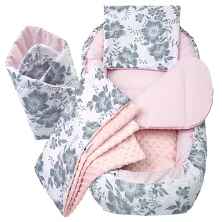Medi Partners Babynest Nestchen Baby Set für Neugeborene - 100x60x15 Kuschelnest 5 teilig tragbar Nest zweiseitig Babynestchen Bett 100% Baumwolle (Berry mit Rosa Minky)