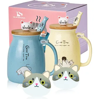 SHENDONG 2er-Pack Katzenbecher Niedliche Kaffeetassen aus Keramik im 2er-Set mit Bambusdeckel und Löffel Neuheit Morning Cup Kaffee-Milch Tee-Becher-3D Tier Katzen-Tassen für Katzenliebhaber Frauen