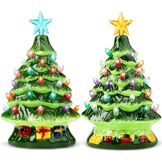 Joiedomi 2 Sets 17,8 cm Keramik-Weihnachtsbaum mit Süßigkeiten- und Geschenkbox-Design, Mini-Weihnachtsbaum mit Prelit-Tischplatte mit extra blauem Sternaufsatz und Birnen für Beste
