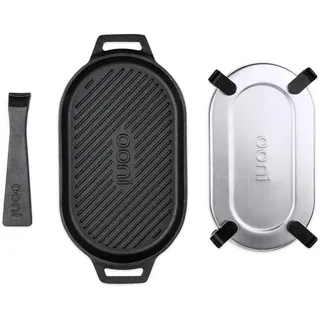 Ooni Grizzler Pfanne aus Gusseisen, Grill-Bratpfanne, 31 cm x 16 cm, Grillplatte mit abnehmbarem Griff und Edelstahl-Untersetzer, voreingebranntes antihaftbeschichtetes ofenfestes Kochgeschirr