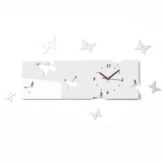 FLEXISTYLE Große Moderne Wanduhr Schmetterling Weiß Querformat 20 x 60 cm, 3D DIY, Wohnzimmer, Schlafzimmer, Kinderzimmer