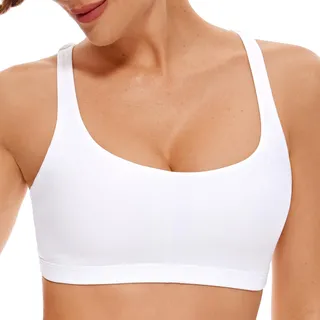 CRZ YOGA Damen Yoga Sport BH - Gekreuzte Rücken Crop Tops Gepolstert Sports Bra Padded Cropped Top Weiss L