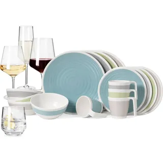 Melamin Camping Geschirr Set 4 Personen Harmonie 16 Teilig + 16 Milano Gläser Wassergläser Weingläser Champagner-Gläser Flûtes Tafelgeschirr Picknick BBQ Kochgeschirr