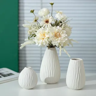 NUPTIO Weiß Keramik Vase Dekor: Modern Gerippte Trockenblumen Vasen für Wohnzimmer Tischdeko – 20cm+16cm+11cm Boho Pampasgras Blumenvase für Fensterbank Bücherregal 3er-Set
