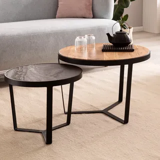 FineBuy Couchtisch 2er Set Akazie Massivholz / Steinoptik Wohnzimmertisch Braun Rund Satztisch mit Metallgestell Kaffeetisch Modern Sofatisch - Braun