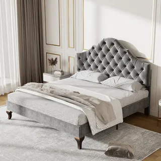 okwish Polsterbett 140*200cm, mit Lattenrost und Kopfteil, höhenverstellbares Kopfteil, Holzlattenauflage, einfache Montage, Samt, Grau - Grau