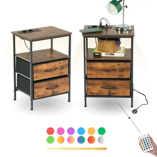 FurnitureR Set von 2 Nachttisch mit LED Ladefunktion, Beistelltisch mit 2 Schubladen. 2 AC Ports.2 USB Ports Nachttische, Endtische für Wohnzimmer, Schlafzimmer, Vintage Braun,40 * 30 * 60cm