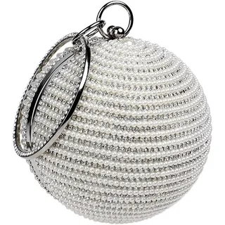 CORIOS Clutch Damen Perlen Abendtasche Runde Kugel Strass Clutch Bag Klein Tasche Schultertasche Abnehmbarer Kette Umhängetasche für Hochzeit Abendparty Geburtstag Tanzparty Bankett Silber