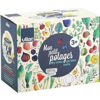 Vilac 3804G Pflanzgefäß-Set für Blumenkübel und Rechen aus Holz und Metall + Aufbewahrungstasche, ideal zum Entdecken von Gartenarbeit, Lebenszyklen der Pflanzen und Bestäuber