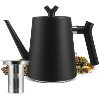 Eirolace Teekanne mit Siebeinsatz 1,5 Liter -Edelstahl Teekanne Doppelwandig Schwarz - Mit Filter für Tee & Kaffee - Tee Kanne 100% Tropffrei - Für alle Herdarten - Isolierkanne Tee Modern Design