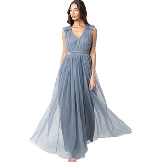 Maya Deluxe Damen Maya Deluxe Women's Maxi With Ruffle V Neck Sleeveless High Empire Waist Long Prom Guest Weddi Bridesmaid Dress, Dusty Blue, 44 EU